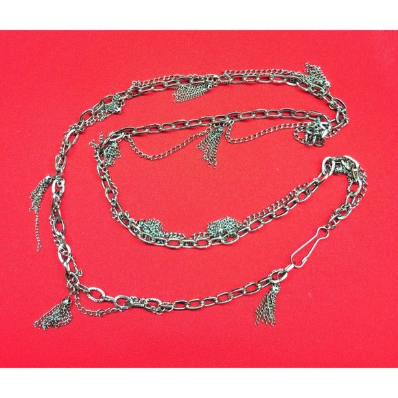 Long Silver Pewter Tone Long Chain Necklace with Accent Tassels - Picture 2 of 8